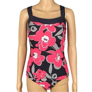 MIRACLESUIT Bold Flowers pink grey black square neck one piece swimsuit Size 14